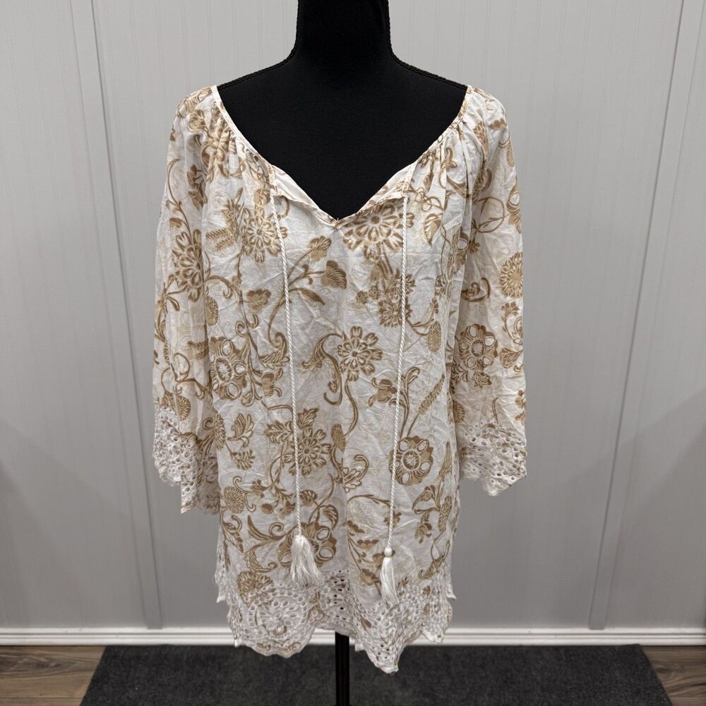 Ruby Rd Women's 2X Cream & Tan Floral Boho Eyelet Lace Hem 3/4 Sleeve Blouse
